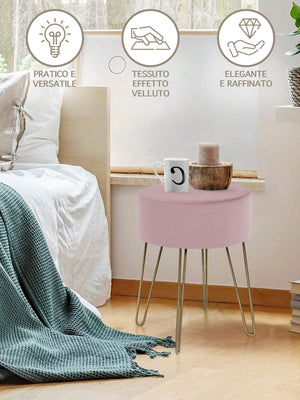 Pouf Poggiapiedi In Velluto Con Gambe Dorate Elegante Imbottito Sgabello Per Toeletta Mobile Trucco Ottomano Ingresso Tavolino Camera Da Letto Soggiorno Salotto  - Rosa Antico - Rotondo