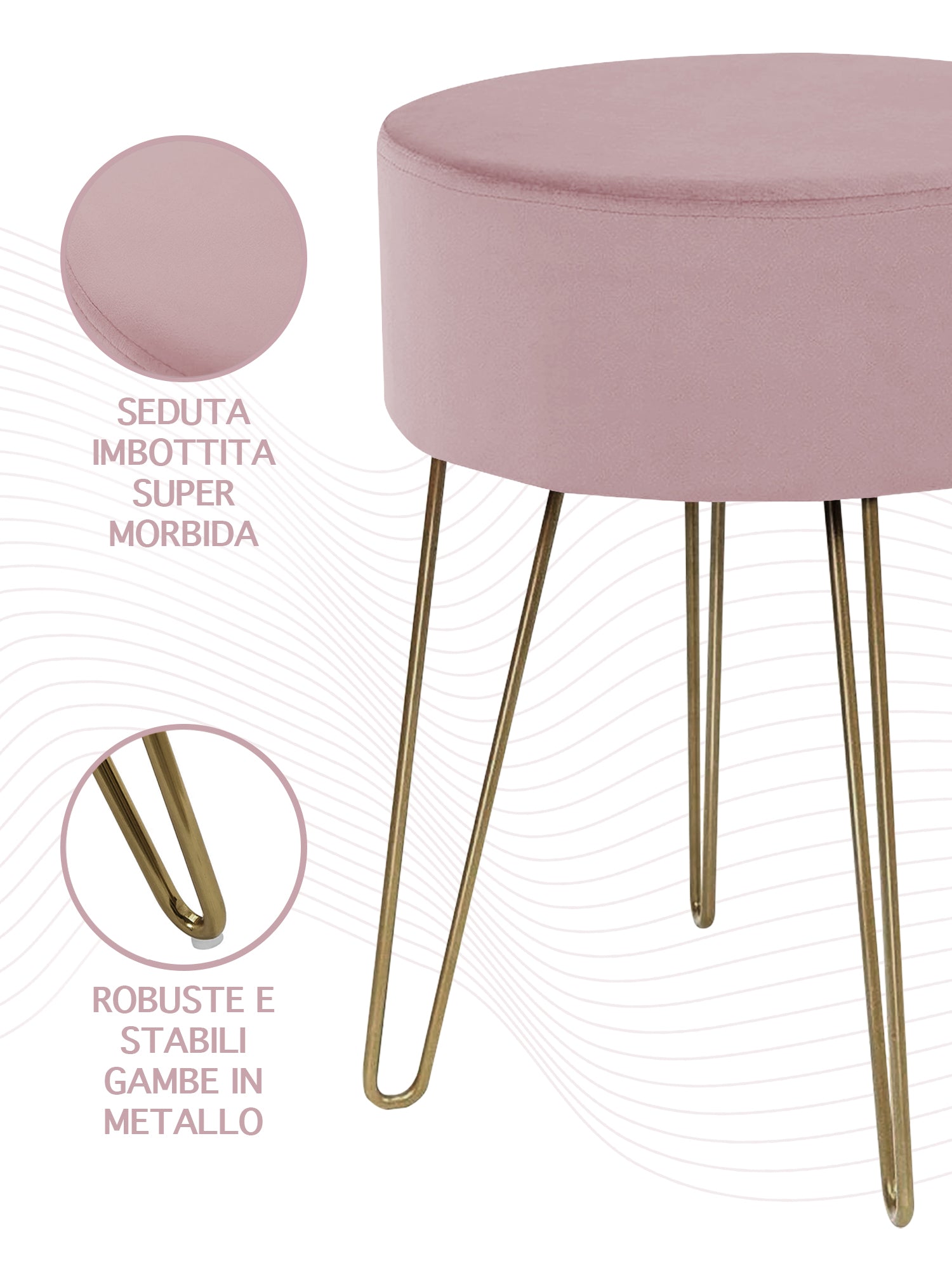 Pouf Poggiapiedi In Velluto Con Gambe Dorate Elegante Imbottito Sgabello Per Toeletta Mobile Trucco Ottomano Ingresso Tavolino Camera Da Letto Soggiorno Salotto  - Rosa Antico - Rotondo