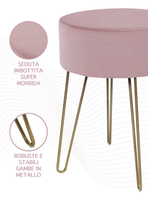 Pouf Poggiapiedi In Velluto Con Gambe Dorate Elegante Imbottito Sgabello Per Toeletta Mobile Trucco Ottomano Ingresso Tavolino Camera Da Letto Soggiorno Salotto  - Rosa Antico - Rotondo