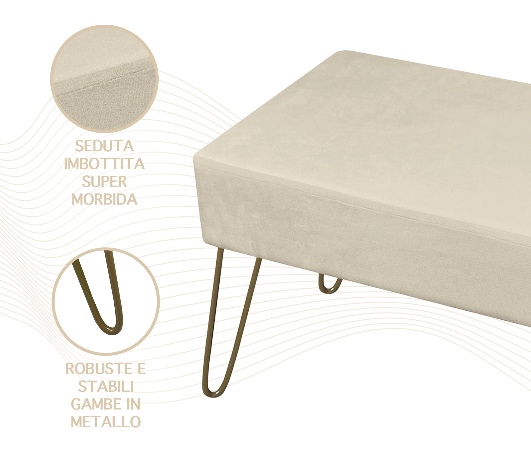 Pouf Poggiapiedi In Velluto Con Gambe Dorate Elegante Imbottito Sgabello Per Toeletta Mobile Trucco Ottomano Ingresso Tavolino Camera Da Letto Soggiorno Salotto  - Beige - Rettangolare