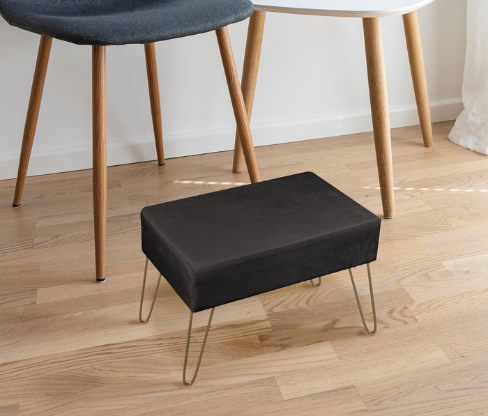 Pouf Poggiapiedi In Velluto Con Gambe Dorate Elegante Imbottito Sgabello Per Toeletta Mobile Trucco Ottomano Ingresso Tavolino Camera Da Letto Soggiorno Salotto  - Nero - Rettangolare