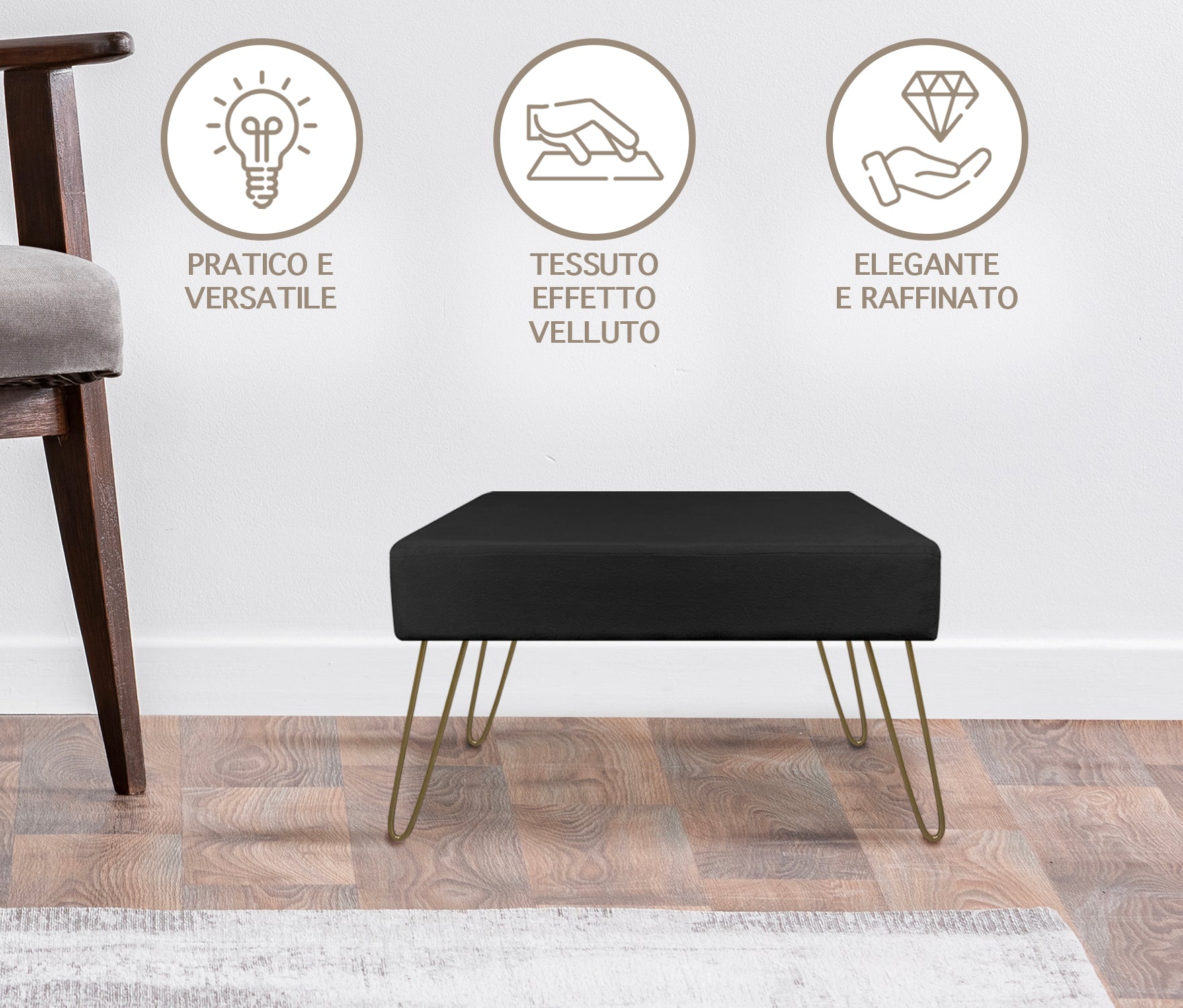 Pouf Poggiapiedi In Velluto Con Gambe Dorate Elegante Imbottito Sgabello Per Toeletta Mobile Trucco Ottomano Ingresso Tavolino Camera Da Letto Soggiorno Salotto  - Nero - Rettangolare