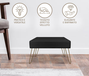 Pouf Poggiapiedi In Velluto Con Gambe Dorate Elegante Imbottito Sgabello Per Toeletta Mobile Trucco Ottomano Ingresso Tavolino Camera Da Letto Soggiorno Salotto  - Nero - Rettangolare