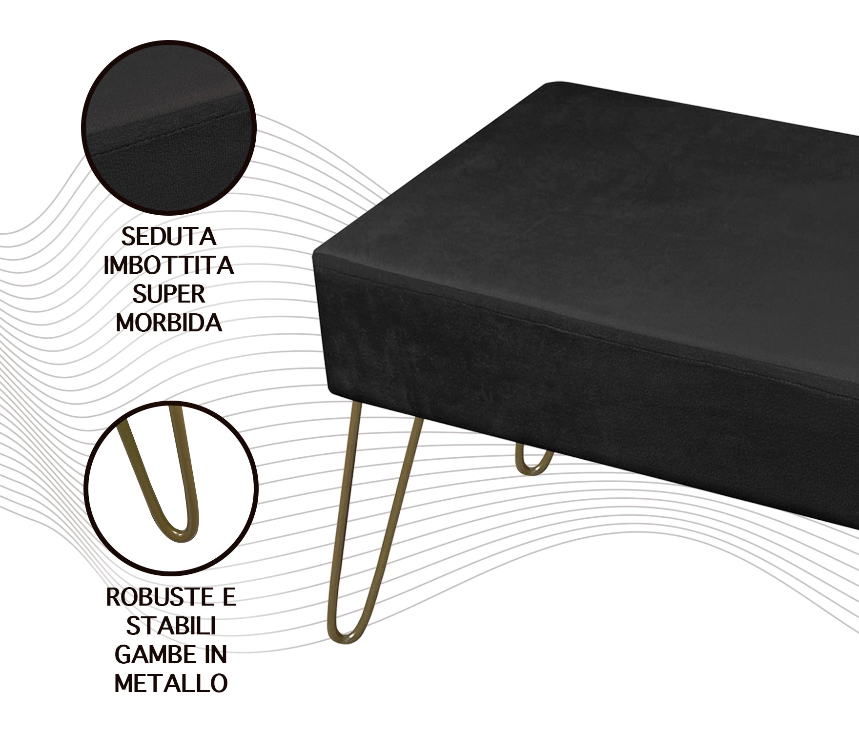Pouf Poggiapiedi In Velluto Con Gambe Dorate Elegante Imbottito Sgabello Per Toeletta Mobile Trucco Ottomano Ingresso Tavolino Camera Da Letto Soggiorno Salotto  - Nero - Rettangolare