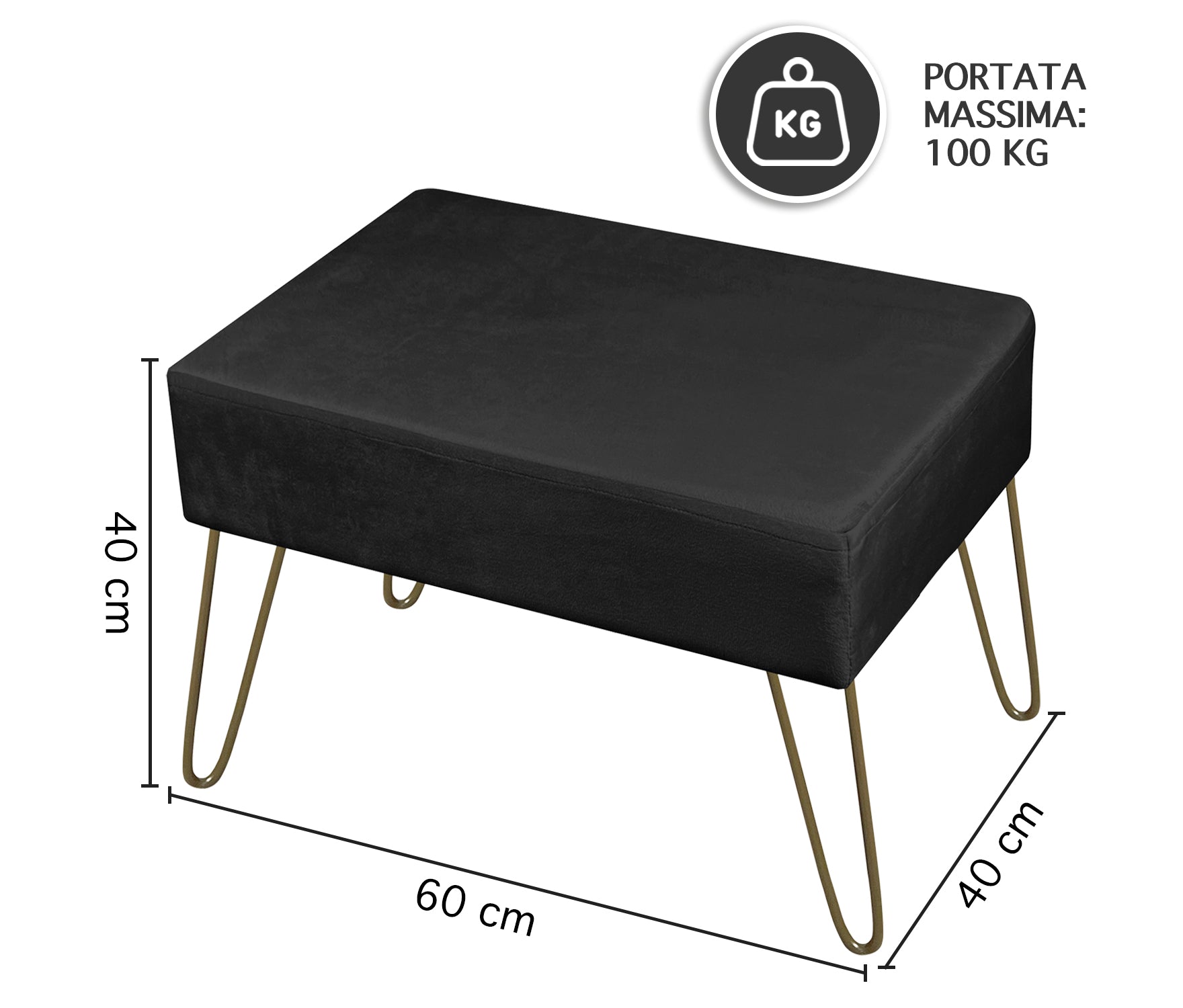 Pouf Poggiapiedi In Velluto Con Gambe Dorate Elegante Imbottito Sgabello Per Toeletta Mobile Trucco Ottomano Ingresso Tavolino Camera Da Letto Soggiorno Salotto  - Nero - Rettangolare