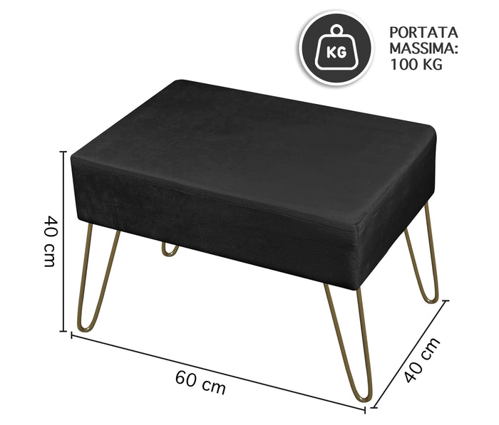 Pouf Poggiapiedi In Velluto Con Gambe Dorate Elegante Imbottito Sgabello Per Toeletta Mobile Trucco Ottomano Ingresso Tavolino Camera Da Letto Soggiorno Salotto  - Nero - Rettangolare