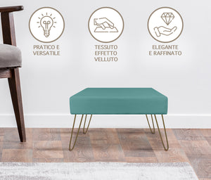 Pouf Poggiapiedi In Velluto Con Gambe Dorate Elegante Imbottito Sgabello Per Toeletta Mobile Trucco Ottomano Ingresso Tavolino Camera Da Letto Soggiorno Salotto  - Petrolio - Rettangolare
