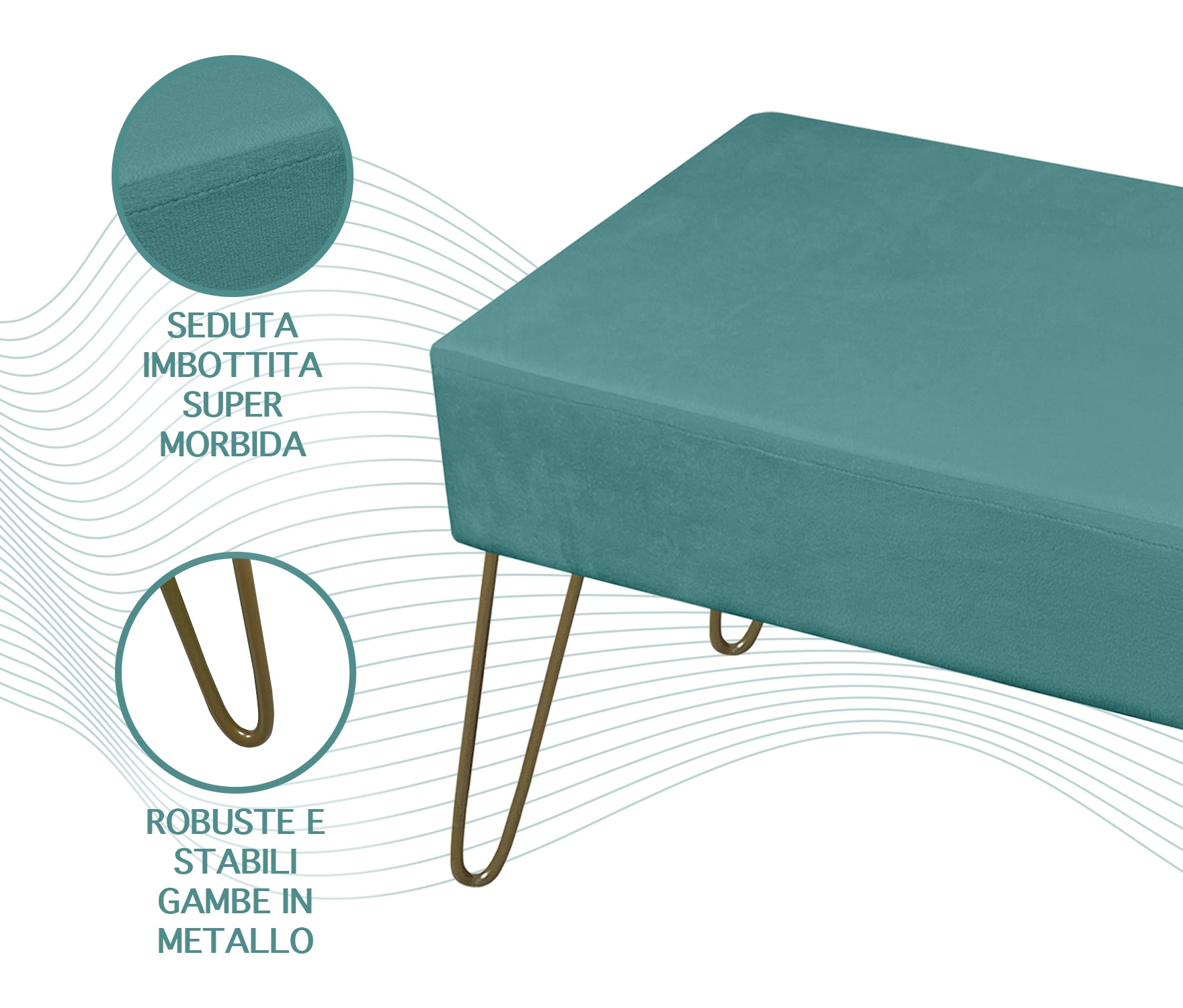 Pouf Poggiapiedi In Velluto Con Gambe Dorate Elegante Imbottito Sgabello Per Toeletta Mobile Trucco Ottomano Ingresso Tavolino Camera Da Letto Soggiorno Salotto  - Petrolio - Rettangolare