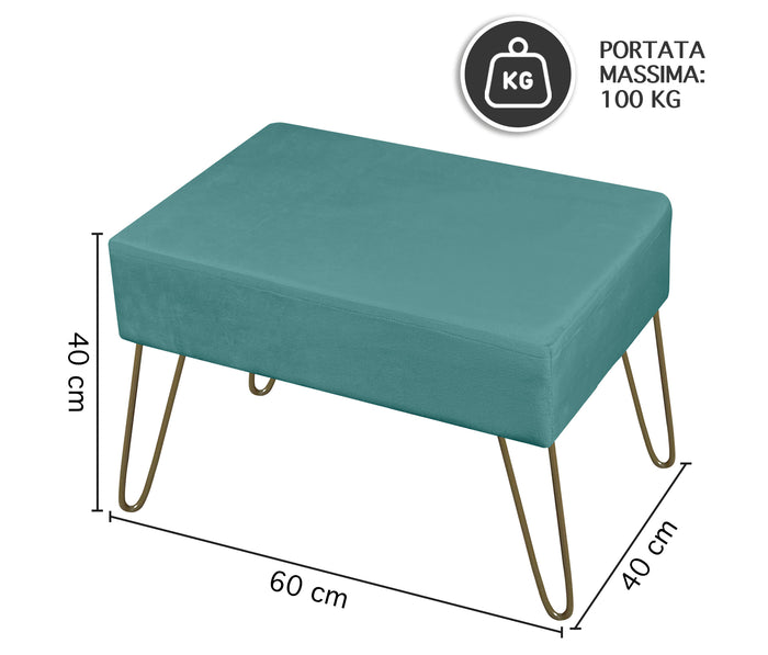 Pouf Poggiapiedi In Velluto Con Gambe Dorate Elegante Imbottito Sgabello Per Toeletta Mobile Trucco Ottomano Ingresso Tavolino Camera Da Letto Soggiorno Salotto  - Petrolio - Rettangolare