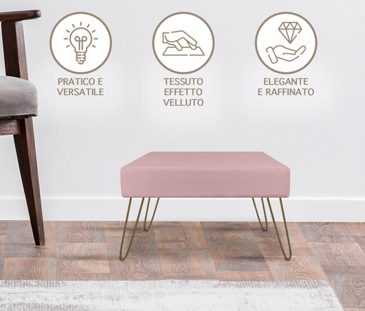 Pouf Poggiapiedi In Velluto Con Gambe Dorate Elegante Imbottito Sgabello Per Toeletta Mobile Trucco Ottomano Ingresso Tavolino Camera Da Letto Soggiorno Salotto  - Rosa Antico - Rettangolare