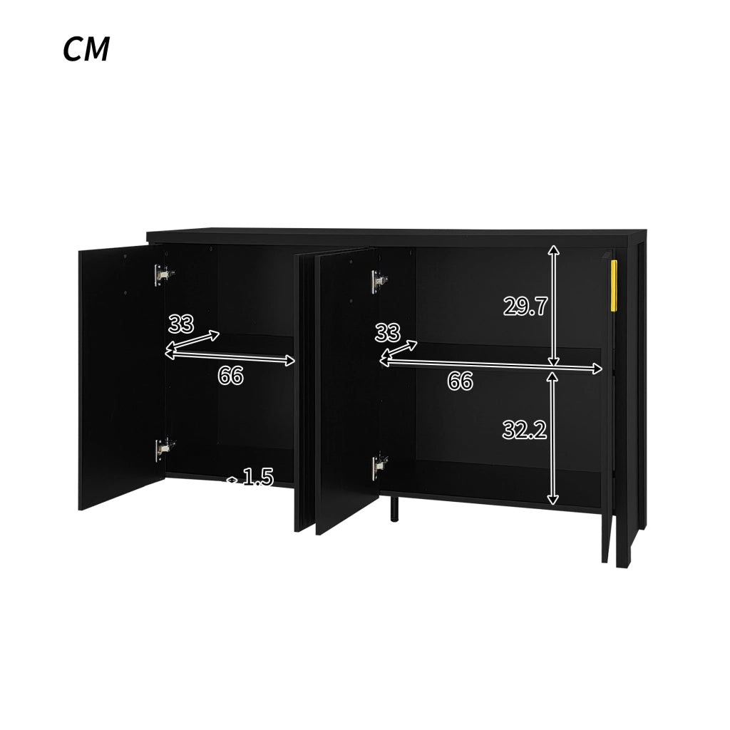 Credenza con 4 Ante e Ripiani Regolabili; Maniglie Dorate; Stile Moderno; in Pannello Truciolare; 140??38??80 cm; Nero