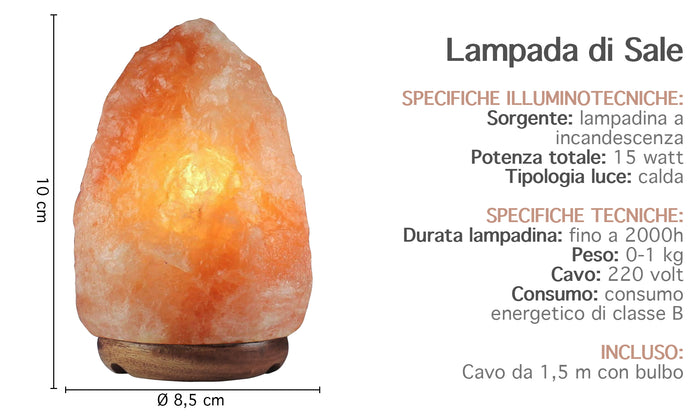 Lampada Di Sale Himalayano Originale Naturale Realizzata A Mano Con Base In Legno Di Acacia Pezzo Unico Prodotto Certificato  Con Spina Europea  - 8.5x10Cm-02Kg