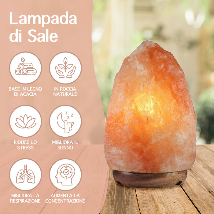 Lampada Di Sale Himalayano Originale Naturale Realizzata A Mano Con Base In Legno Di Acacia Pezzo Unico Prodotto Certificato  Con Spina Europea  - 13.5x20.5Cm-3Kg