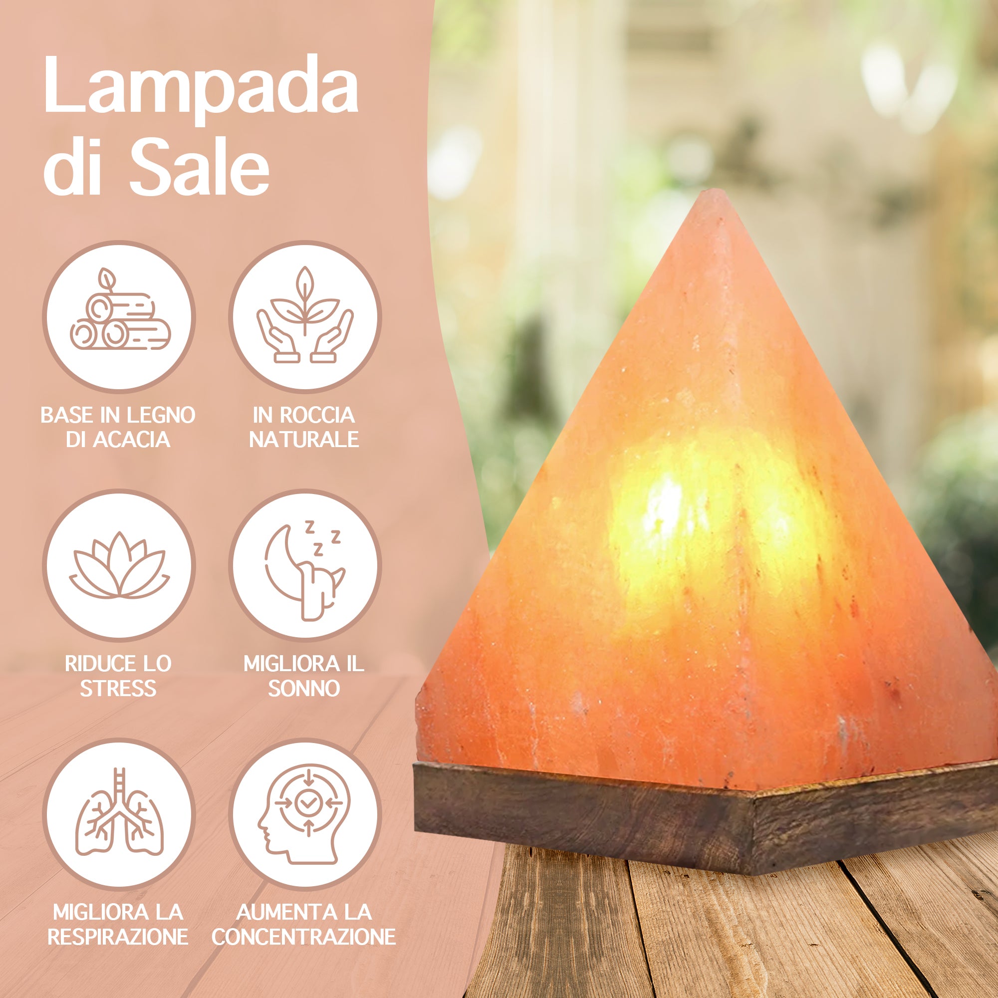 Lampada Di Sale Himalayano Originale Naturale Realizzata A Mano Con Base In Legno Di Acacia Pezzo Unico Prodotto Certificato  Con Spina Europea  - Pyramid13x20Cm-3Kg