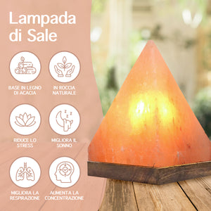 Lampada Di Sale Himalayano Originale Naturale Realizzata A Mano Con Base In Legno Di Acacia Pezzo Unico Prodotto Certificato  Con Spina Europea  - Pyramid13x20Cm-3Kg