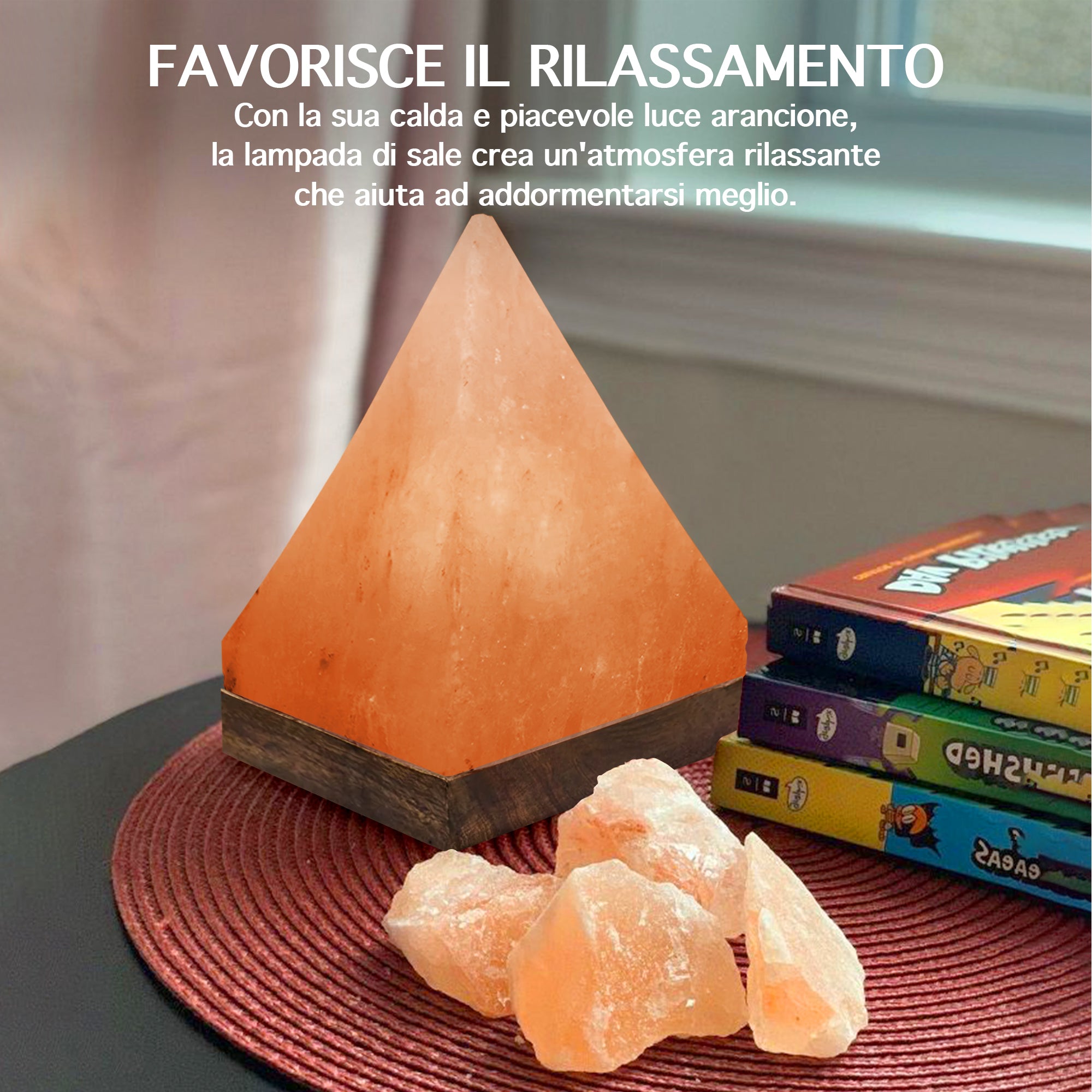 Lampada Di Sale Himalayano Originale Naturale Realizzata A Mano Con Base In Legno Di Acacia Pezzo Unico Prodotto Certificato  Con Spina Europea  - Pyramid13x20Cm-3Kg