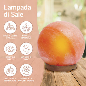 Lampada Di Sale Himalayano Originale Naturale Realizzata A Mano Con Base In Legno Di Acacia Pezzo Unico Prodotto Certificato  Con Spina Europea  - Ball15x17Cm-3Kg