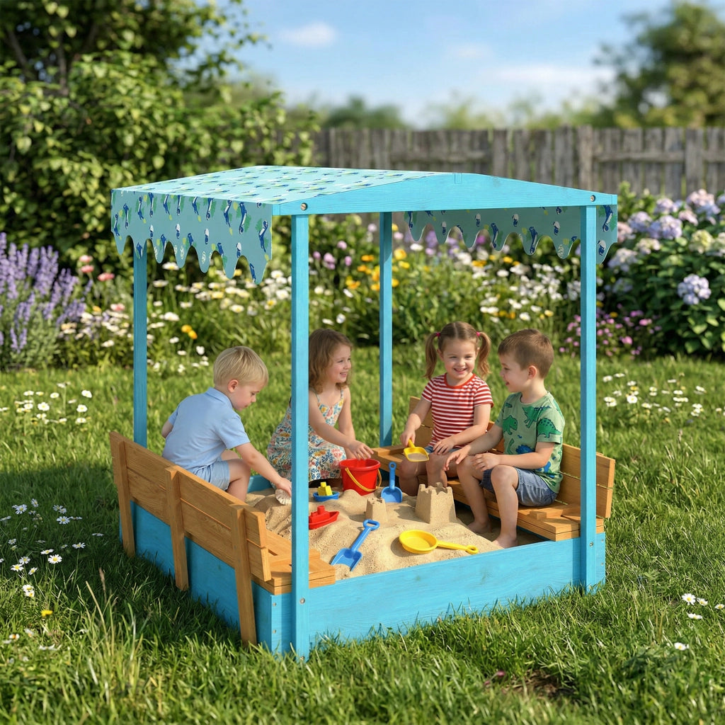 Sabbiera per Bambini 3-6 Anni con Tettuccio Dinosauri, Sedute Pieghevoli, Coperchio e Fodera Inclusa, Sabbionaia per Bambini in Legno di Abete, 134.5x127.5x130 cm, Blu