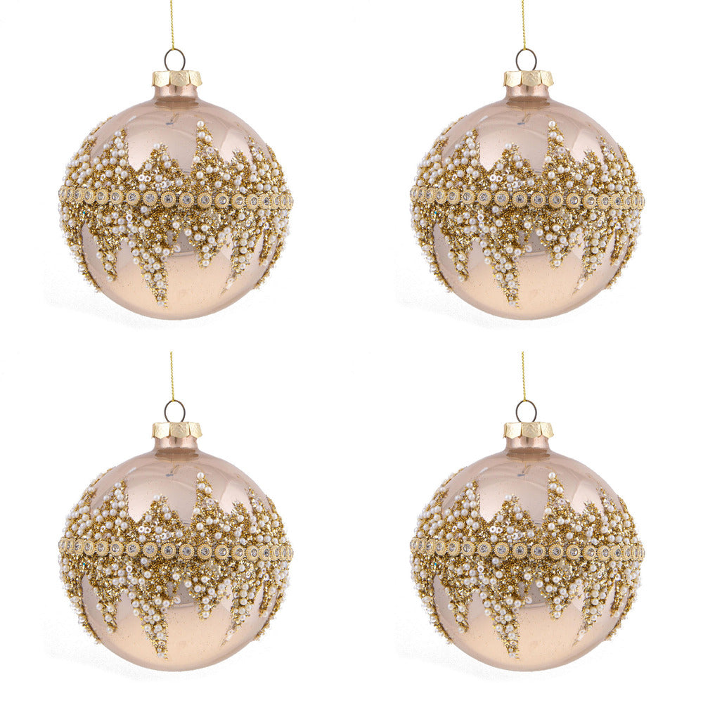 Sfere di Natale Diamond con Decorazioni Oro e Perline Bianche 10 cm 4 Pz