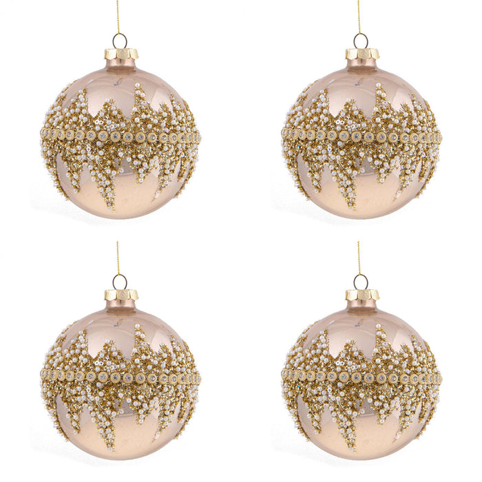 Sfere di Natale Diamond con Decorazioni Oro e Perline Bianche 10 cm 4 Pz