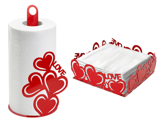 Set Accessori Cucina 2/4 Pezzi Porta Scottex Portatovaglioli Vassoio Grande Da Portata Portafrutta Centrotavola Metallo Design Moderno Decorazioni Tavola  - Cuori Rossi - 2 Pezzi