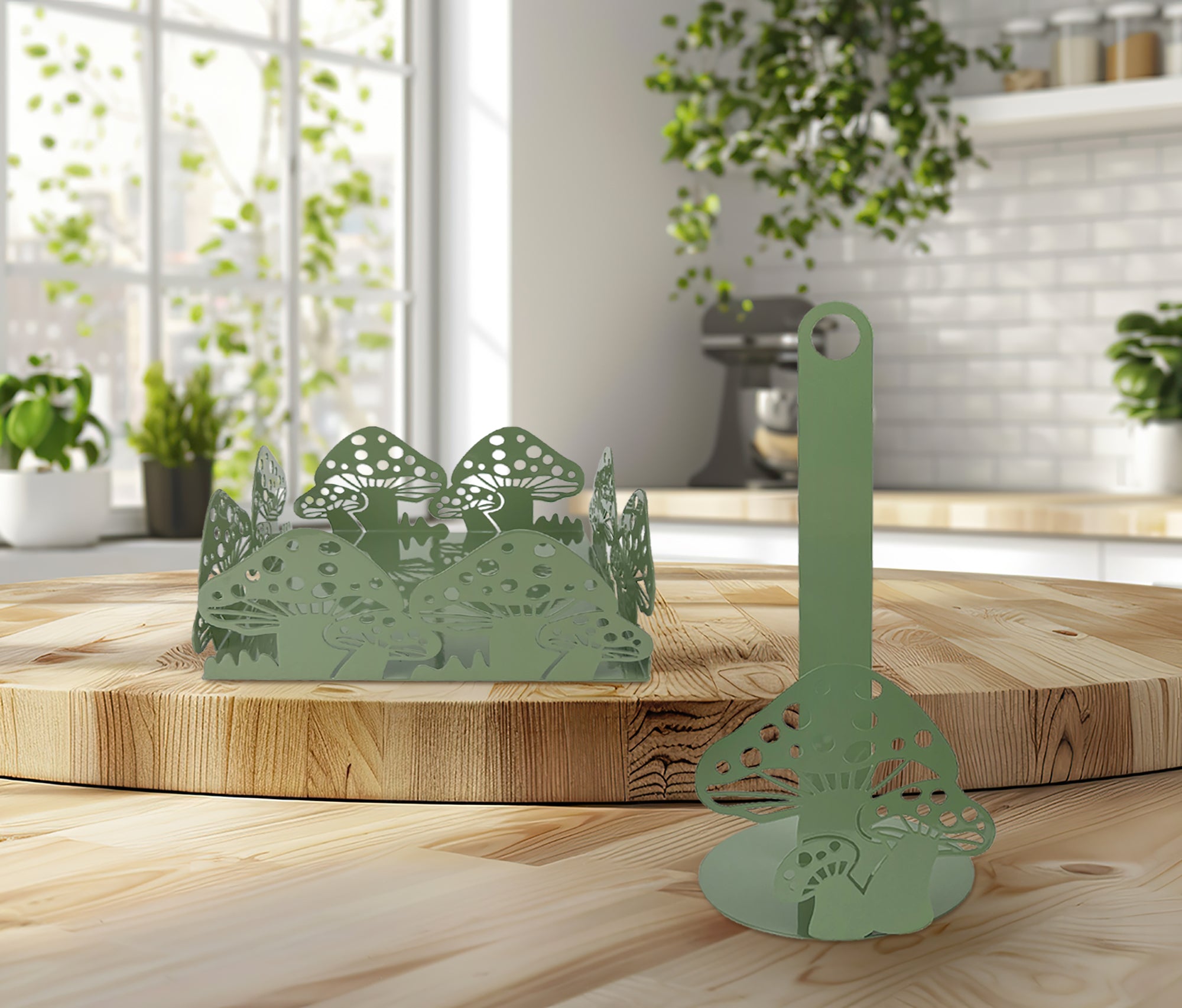 Set Accessori Cucina 2/4 Pezzi Porta Scottex Portatovaglioli Vassoio Grande Da Portata Portafrutta Centrotavola Metallo Design Moderno Decorazioni Tavola  - Funghetti - 2 Pezzi