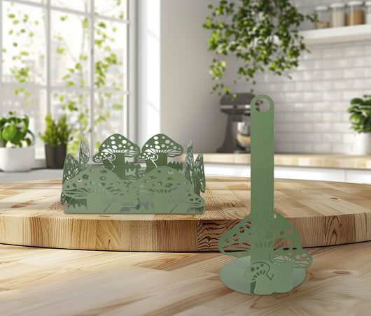 Set Accessori Cucina 2/4 Pezzi Porta Scottex Portatovaglioli Vassoio Grande Da Portata Portafrutta Centrotavola Metallo Design Moderno Decorazioni Tavola  - Funghetti - 2 Pezzi