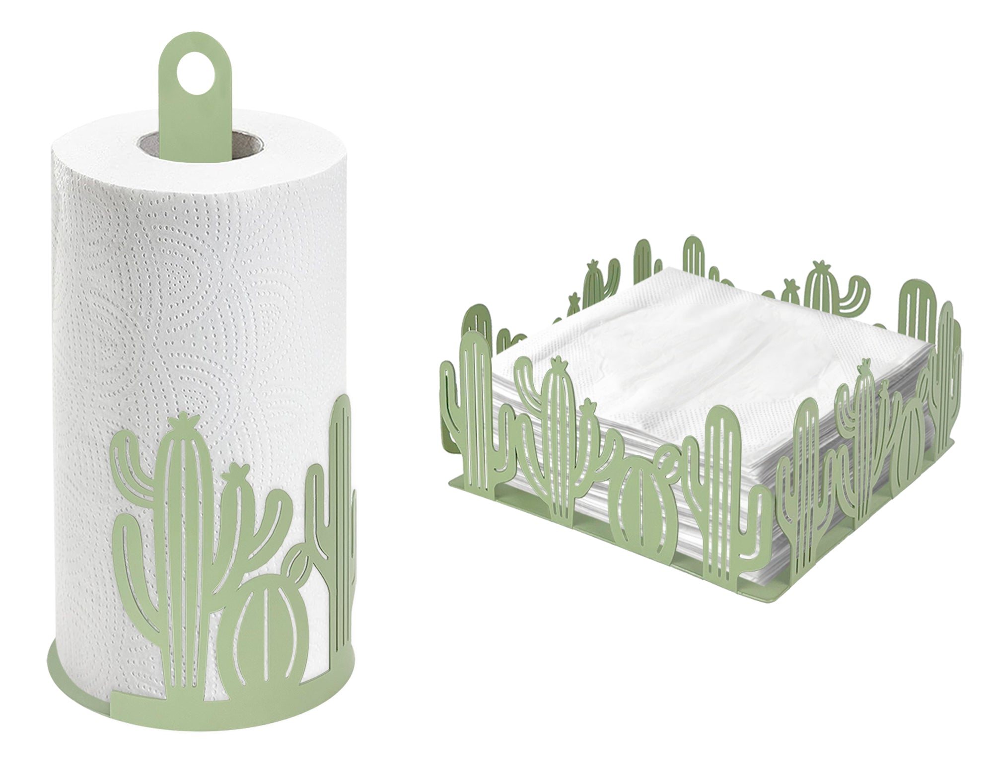 Set Accessori Cucina 2/4 Pezzi Porta Scottex Portatovaglioli Vassoio Grande Da Portata Portafrutta Centrotavola Metallo Design Moderno Decorazioni Tavola  - Cactus - 2 Pezzi