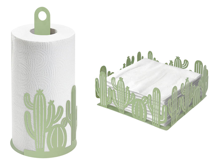 Set Accessori Cucina 2/4 Pezzi Porta Scottex Portatovaglioli Vassoio Grande Da Portata Portafrutta Centrotavola Metallo Design Moderno Decorazioni Tavola  - Cactus - 2 Pezzi