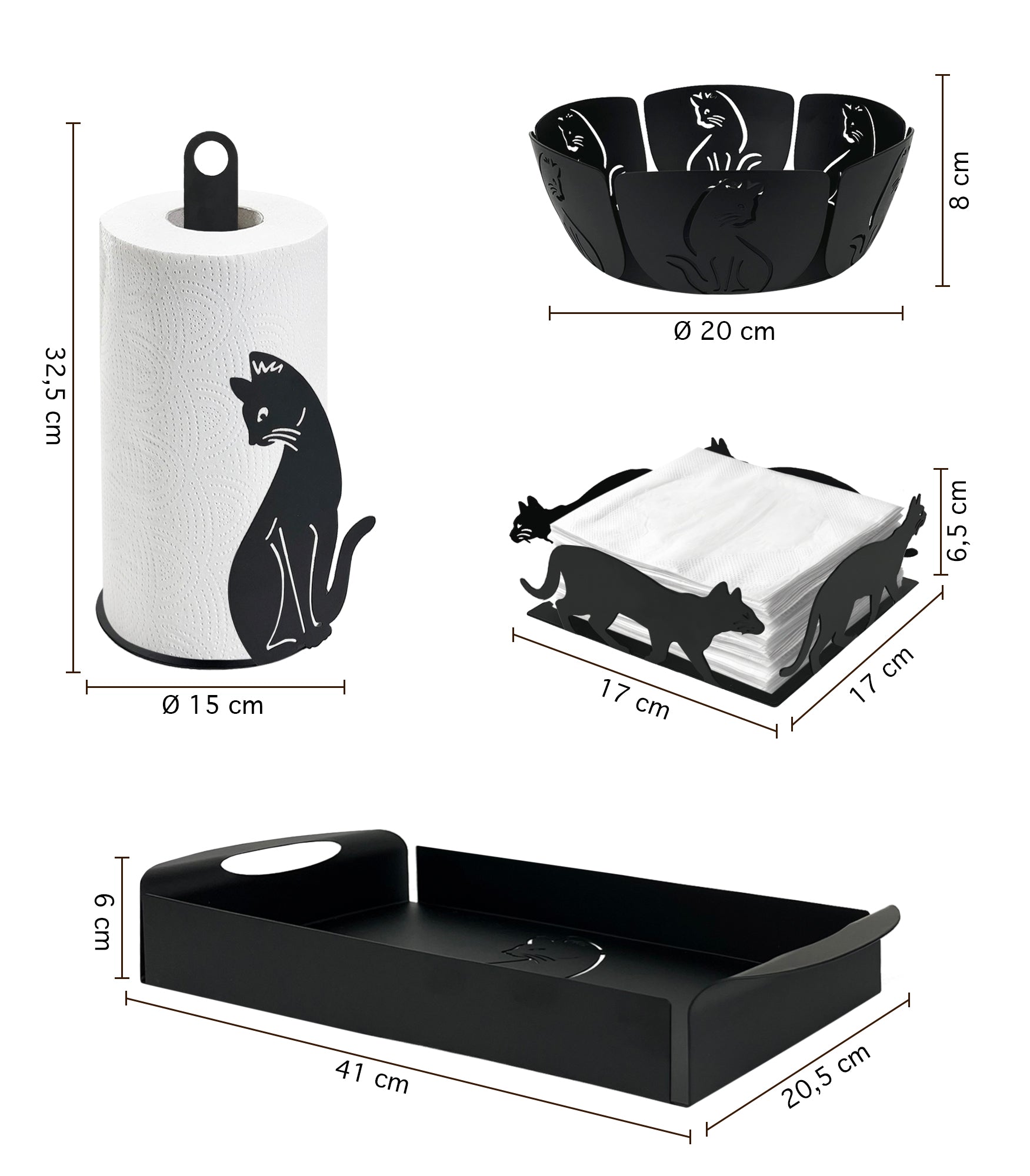 Set Accessori Cucina 2/4 Pezzi Porta Scottex Portatovaglioli Vassoio Grande Da Portata Portafrutta Centrotavola Metallo Design Moderno Decorazioni Tavola  - Gattino - 4 Pezzi