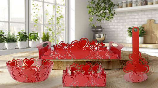 Set Accessori Cucina 2/4 Pezzi Porta Scottex Portatovaglioli Vassoio Grande Da Portata Portafrutta Centrotavola Metallo Design Moderno Decorazioni Tavola  - Cuori Rossi - 4 Pezzi