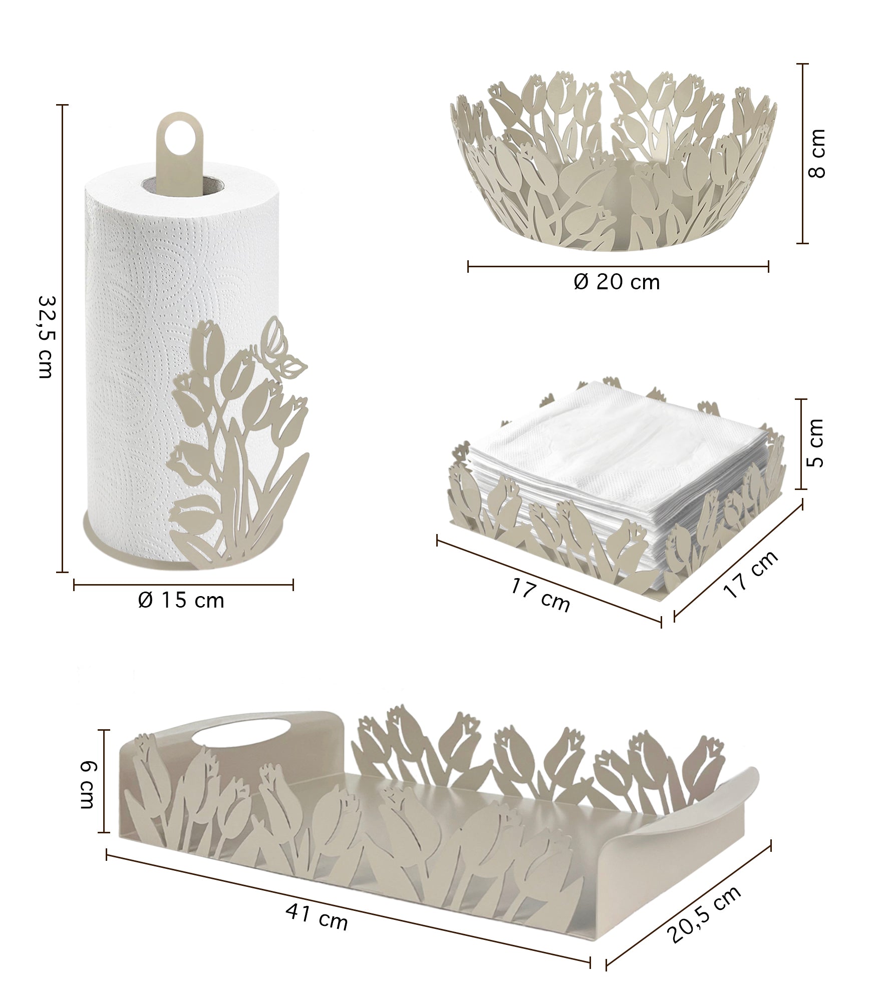 Set Accessori Cucina 2/4 Pezzi Porta Scottex Portatovaglioli Vassoio Grande Da Portata Portafrutta Centrotavola Metallo Design Moderno Decorazioni Tavola  - Papaveri - 4 Pezzi