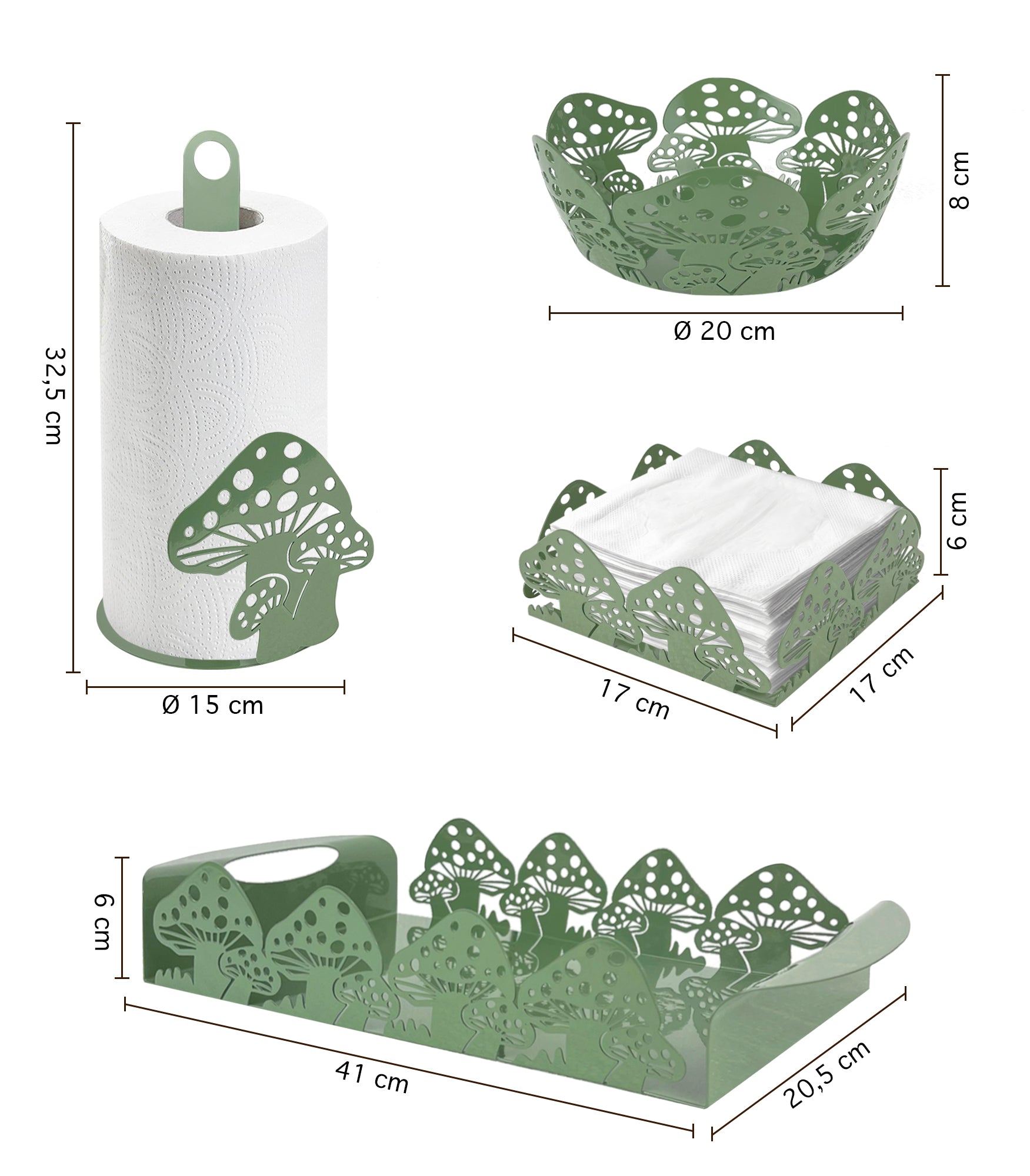 Set Accessori Cucina 2/4 Pezzi Porta Scottex Portatovaglioli Vassoio Grande Da Portata Portafrutta Centrotavola Metallo Design Moderno Decorazioni Tavola  - Funghetti - 4 Pezzi