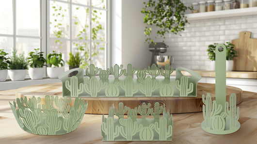 Set Accessori Cucina 2/4 Pezzi Porta Scottex Portatovaglioli Vassoio Grande Da Portata Portafrutta Centrotavola Metallo Design Moderno Decorazioni Tavola  - Cactus - 4 Pezzi