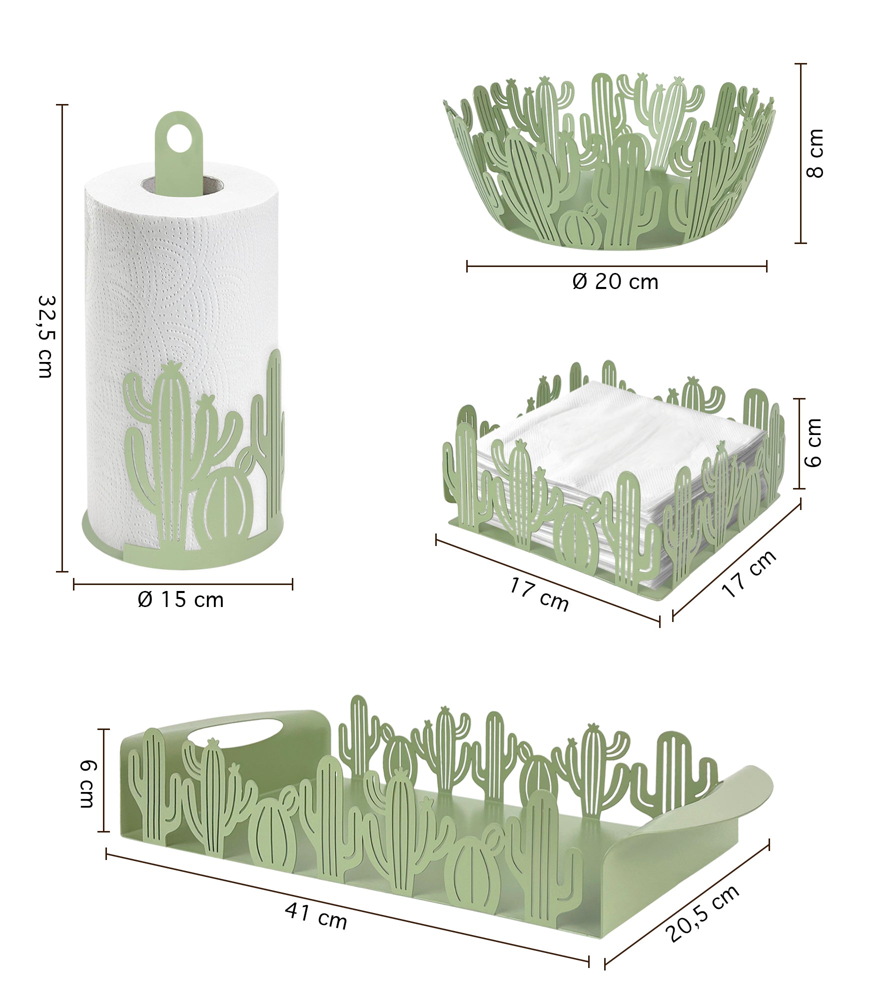 Set Accessori Cucina 2/4 Pezzi Porta Scottex Portatovaglioli Vassoio Grande Da Portata Portafrutta Centrotavola Metallo Design Moderno Decorazioni Tavola  - Cactus - 4 Pezzi