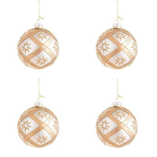 Palline di Natale in Vetro Bianche con Fiori e Diamanti Oro 10 cm 4 pz