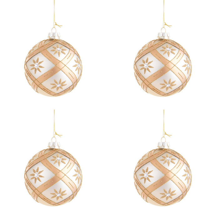 Palline di Natale in Vetro Bianche con Fiori e Diamanti Oro 10 cm 4 pz