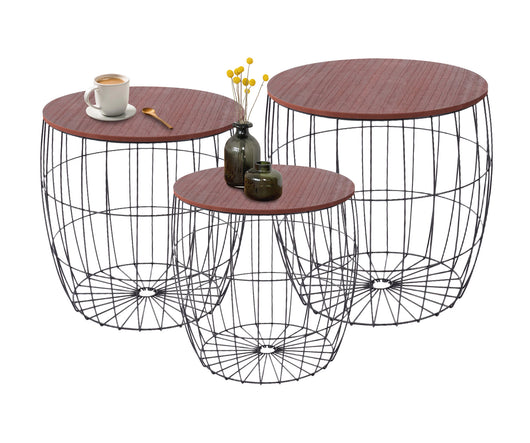 Set 3 Tavolini Da Salotto Sovrapponibili Rotondi Design Moderno Tavolino Da Caffè Estraibili Mobile Soggiorno Tavolo Divano Top In Legno Struttura In Acciaio Stile Industrial Vano Porta Oggetti  - Marrone - Modello 1