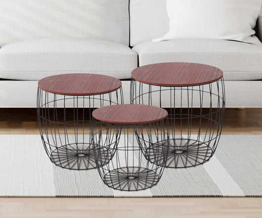 Set 3 Tavolini Da Salotto Sovrapponibili Rotondi Design Moderno Tavolino Da Caffè Estraibili Mobile Soggiorno Tavolo Divano Top In Legno Struttura In Acciaio Stile Industrial Vano Porta Oggetti  - Marrone - Modello 1