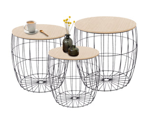 Set 3 Tavolini Da Salotto Sovrapponibili Rotondi Design Moderno Tavolino Da Caffè Estraibili Mobile Soggiorno Tavolo Divano Top In Legno Struttura In Acciaio Stile Industrial Vano Porta Oggetti  - Naturale - Modello 1