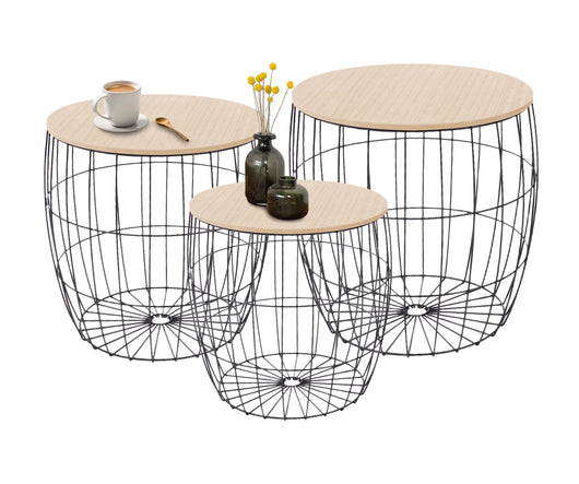 Set 3 Tavolini Da Salotto Sovrapponibili Rotondi Design Moderno Tavolino Da Caffè Estraibili Mobile Soggiorno Tavolo Divano Top In Legno Struttura In Acciaio Stile Industrial Vano Porta Oggetti  - Naturale - Modello 1