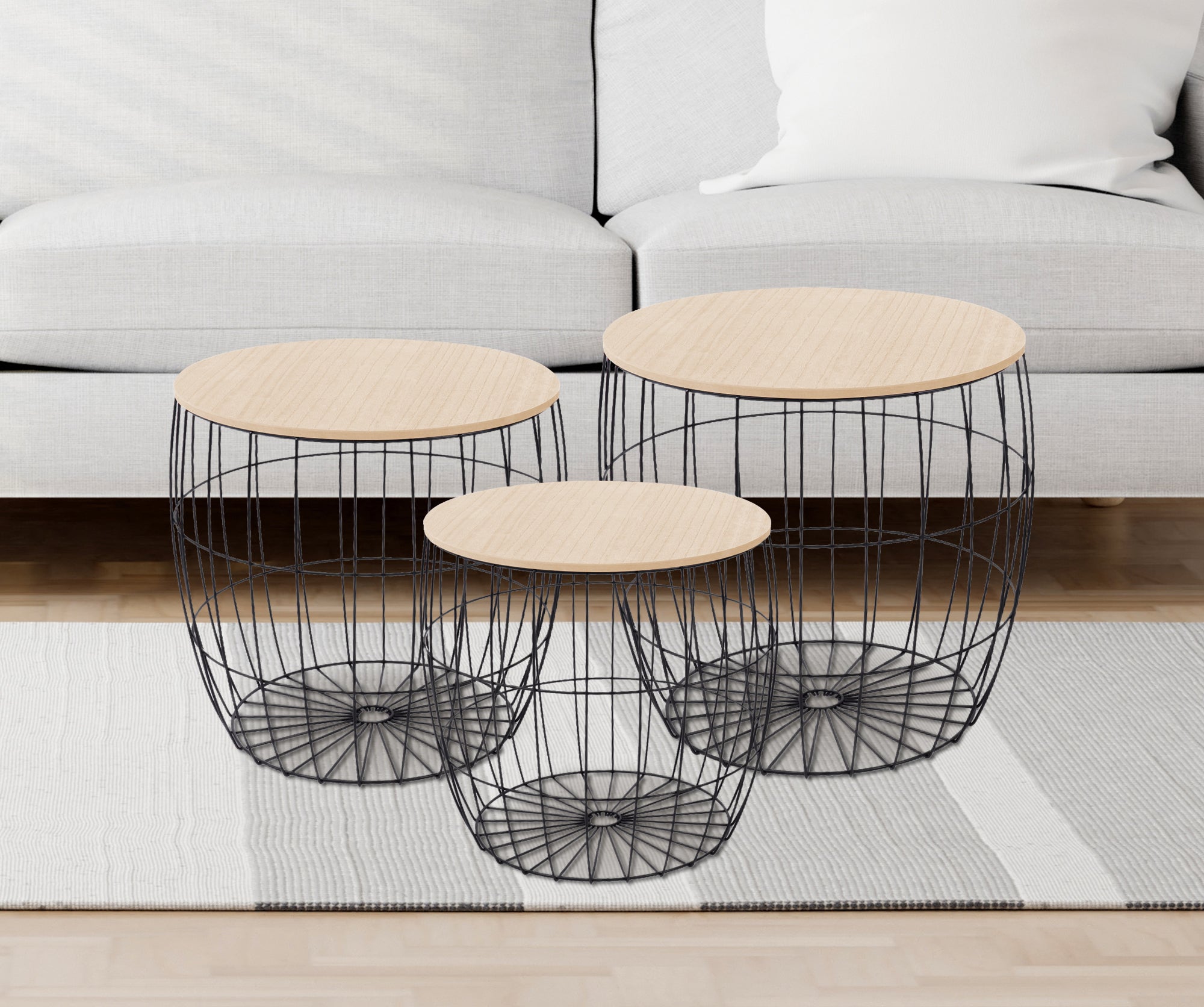 Set 3 Tavolini Da Salotto Sovrapponibili Rotondi Design Moderno Tavolino Da Caffè Estraibili Mobile Soggiorno Tavolo Divano Top In Legno Struttura In Acciaio Stile Industrial Vano Porta Oggetti  - Naturale - Modello 1