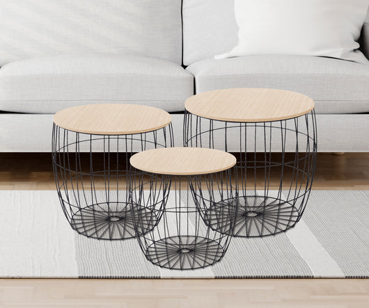 Set 3 Tavolini Da Salotto Sovrapponibili Rotondi Design Moderno Tavolino Da Caffè Estraibili Mobile Soggiorno Tavolo Divano Top In Legno Struttura In Acciaio Stile Industrial Vano Porta Oggetti  - Naturale - Modello 1