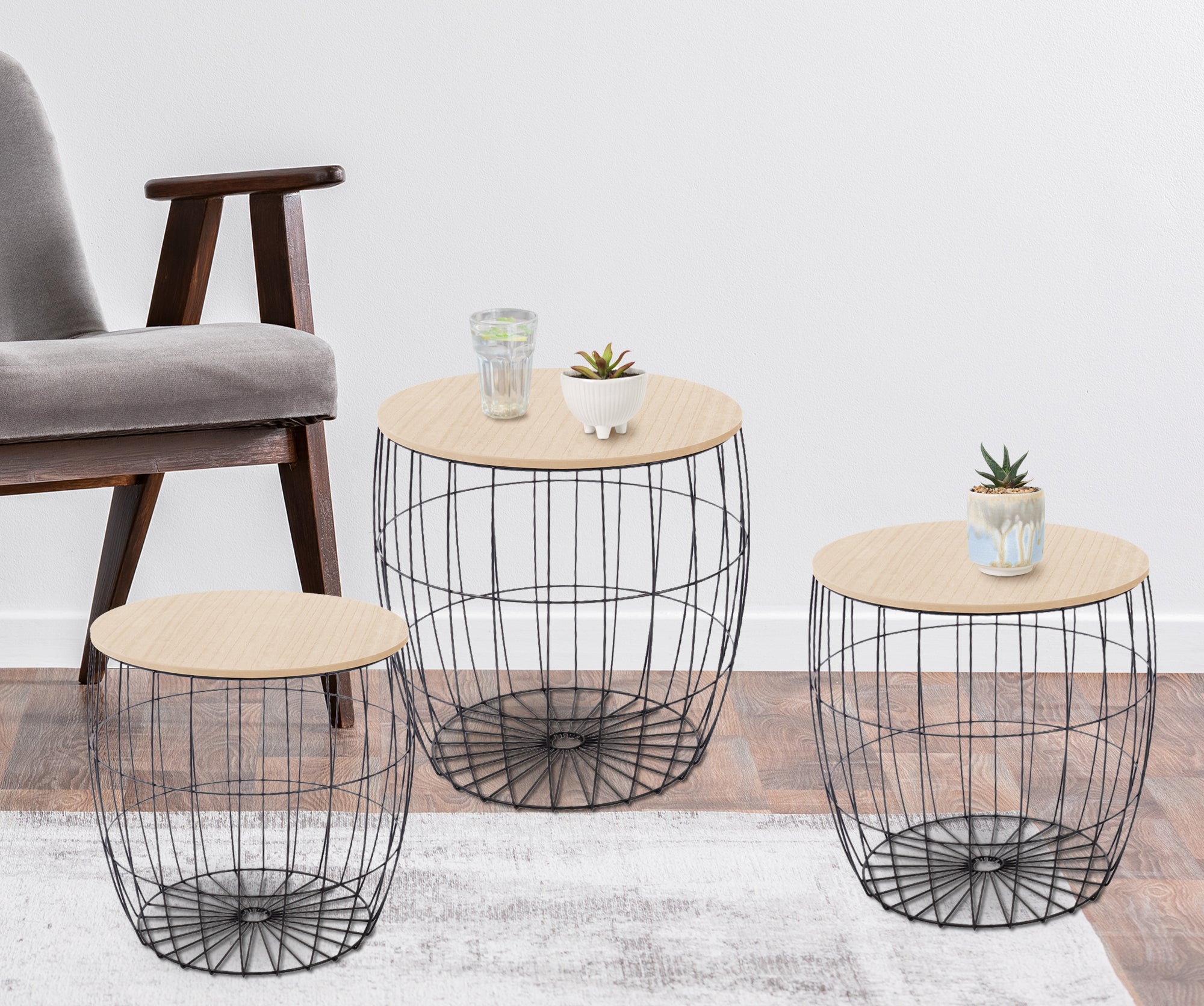 Set 3 Tavolini Da Salotto Sovrapponibili Rotondi Design Moderno Tavolino Da Caffè Estraibili Mobile Soggiorno Tavolo Divano Top In Legno Struttura In Acciaio Stile Industrial Vano Porta Oggetti  - Naturale - Modello 1