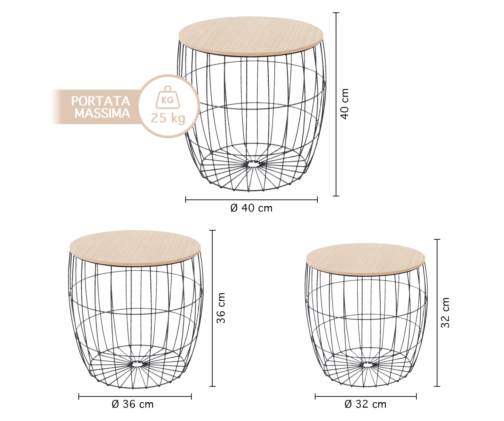 Set 3 Tavolini Da Salotto Sovrapponibili Rotondi Design Moderno Tavolino Da Caffè Estraibili Mobile Soggiorno Tavolo Divano Top In Legno Struttura In Acciaio Stile Industrial Vano Porta Oggetti  - Naturale - Modello 1