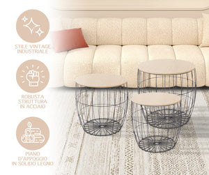 Set 3 Tavolini Da Salotto Sovrapponibili Rotondi Design Moderno Tavolino Da Caffè Estraibili Mobile Soggiorno Tavolo Divano Top In Legno Struttura In Acciaio Stile Industrial Vano Porta Oggetti  - Naturale - Modello 1