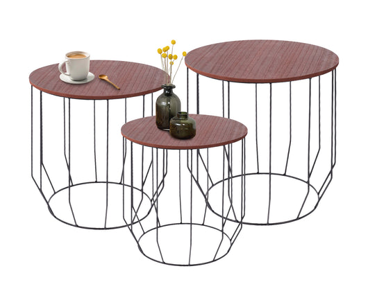 Set 3 Tavolini Da Salotto Sovrapponibili Rotondi Design Moderno Tavolino Da Caffè Estraibili Mobile Soggiorno Tavolo Divano Top In Legno Struttura In Acciaio Stile Industrial Vano Porta Oggetti  - Marrone - Modello 2
