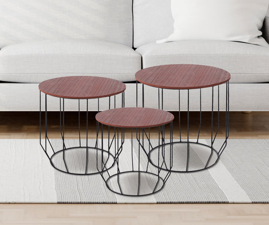 Set 3 Tavolini Da Salotto Sovrapponibili Rotondi Design Moderno Tavolino Da Caffè Estraibili Mobile Soggiorno Tavolo Divano Top In Legno Struttura In Acciaio Stile Industrial Vano Porta Oggetti  - Marrone - Modello 2