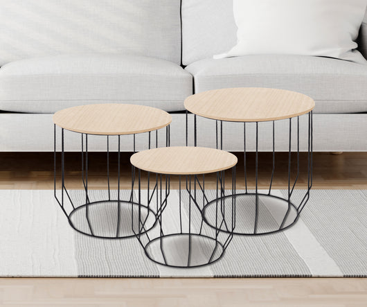 Set 3 Tavolini Da Salotto Sovrapponibili Rotondi Design Moderno Tavolino Da Caffè Estraibili Mobile Soggiorno Tavolo Divano Top In Legno Struttura In Acciaio Stile Industrial Vano Porta Oggetti  - Naturale - Modello 2