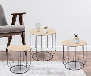 Set 3 Tavolini Da Salotto Sovrapponibili Rotondi Design Moderno Tavolino Da Caffè Estraibili Mobile Soggiorno Tavolo Divano Top In Legno Struttura In Acciaio Stile Industrial Vano Porta Oggetti  - Naturale - Modello 2